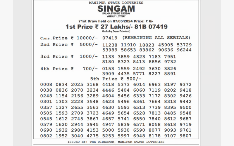 SINGAM LOTTERY RESULT TODAY